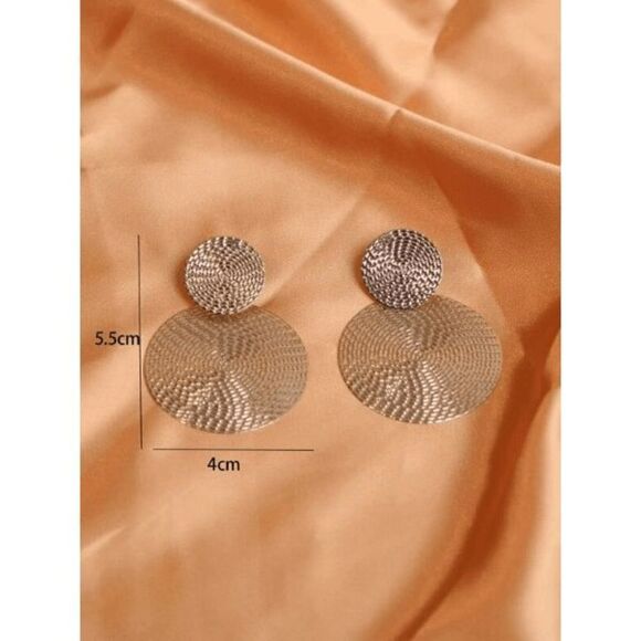 SILVER TEXTURED ROUND GEOMETRIC DANGLE EARRINGS - Picture 6 of 7